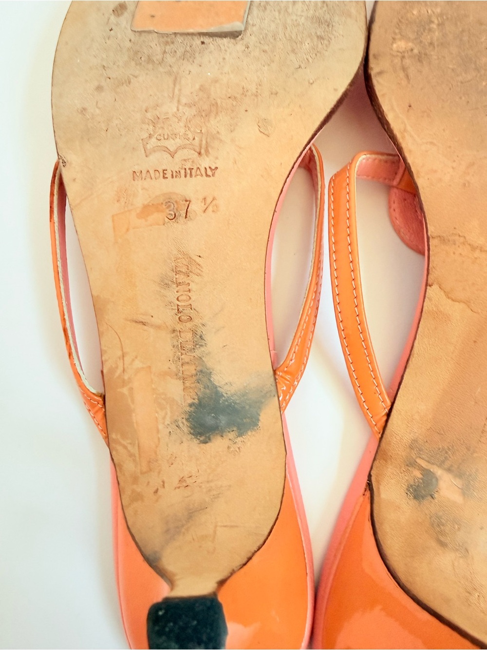 Manolo Blahnik Coral Pink Orange Thong Mule Sandals Heels EU 37.5 Italy Vintage - Picture 10 of 10
